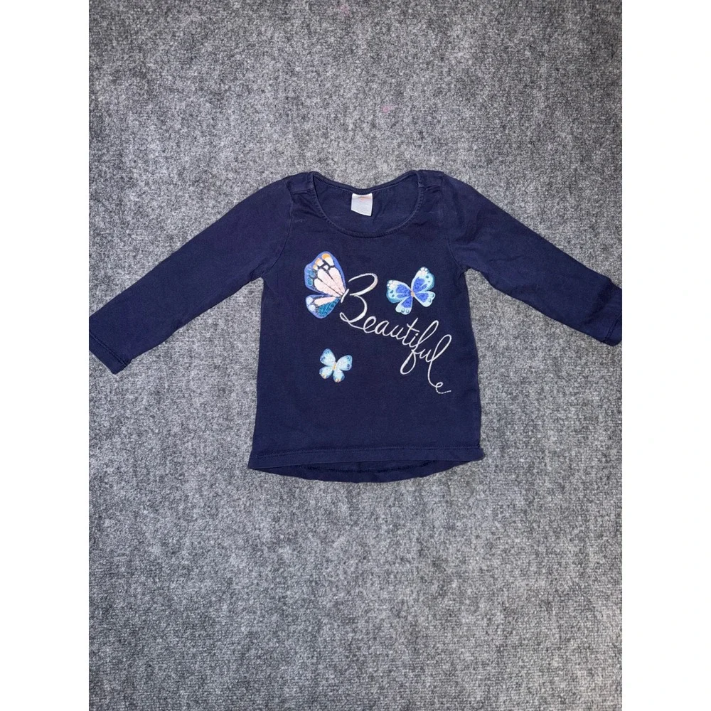 Gymboree Girls Navy Blue Butterfly Beautiful Graphic Long Sleeve Tee Shirt 2T